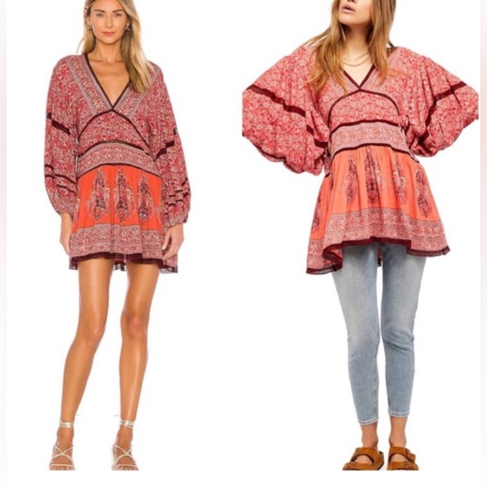 Free People Bohemian Red Floral Paisley Embroidered Tunic Top Dress M - Picture 8 of 9